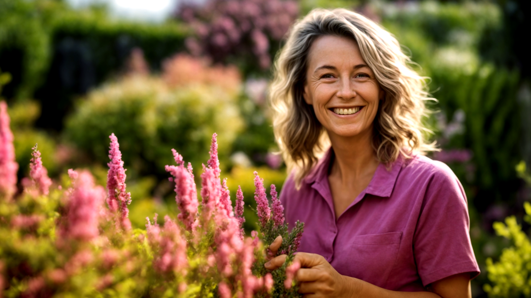 floare Calluna, frunze verde-albăstrui, grădină înflorită"